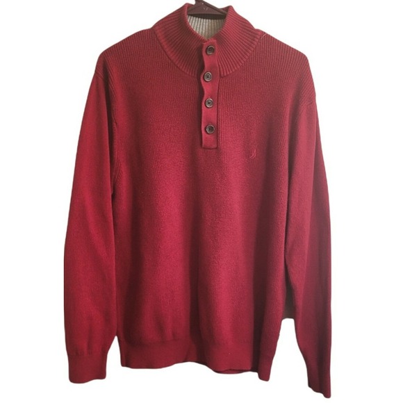 Nautica Sweater Mens L Red  1/4 Button Pullover  Cotton Mock Neck Classic - Picture 1 of 7